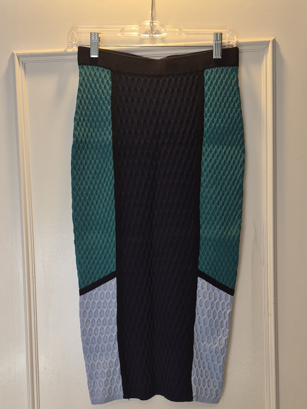 Colorblock Textured Pencil Skirt - Teal, Black, Light Gray